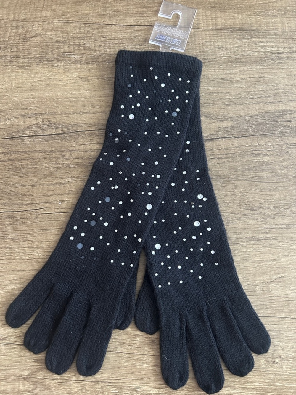 Jennifer Lopez Black Knit Gloves with Silver Stud Accents